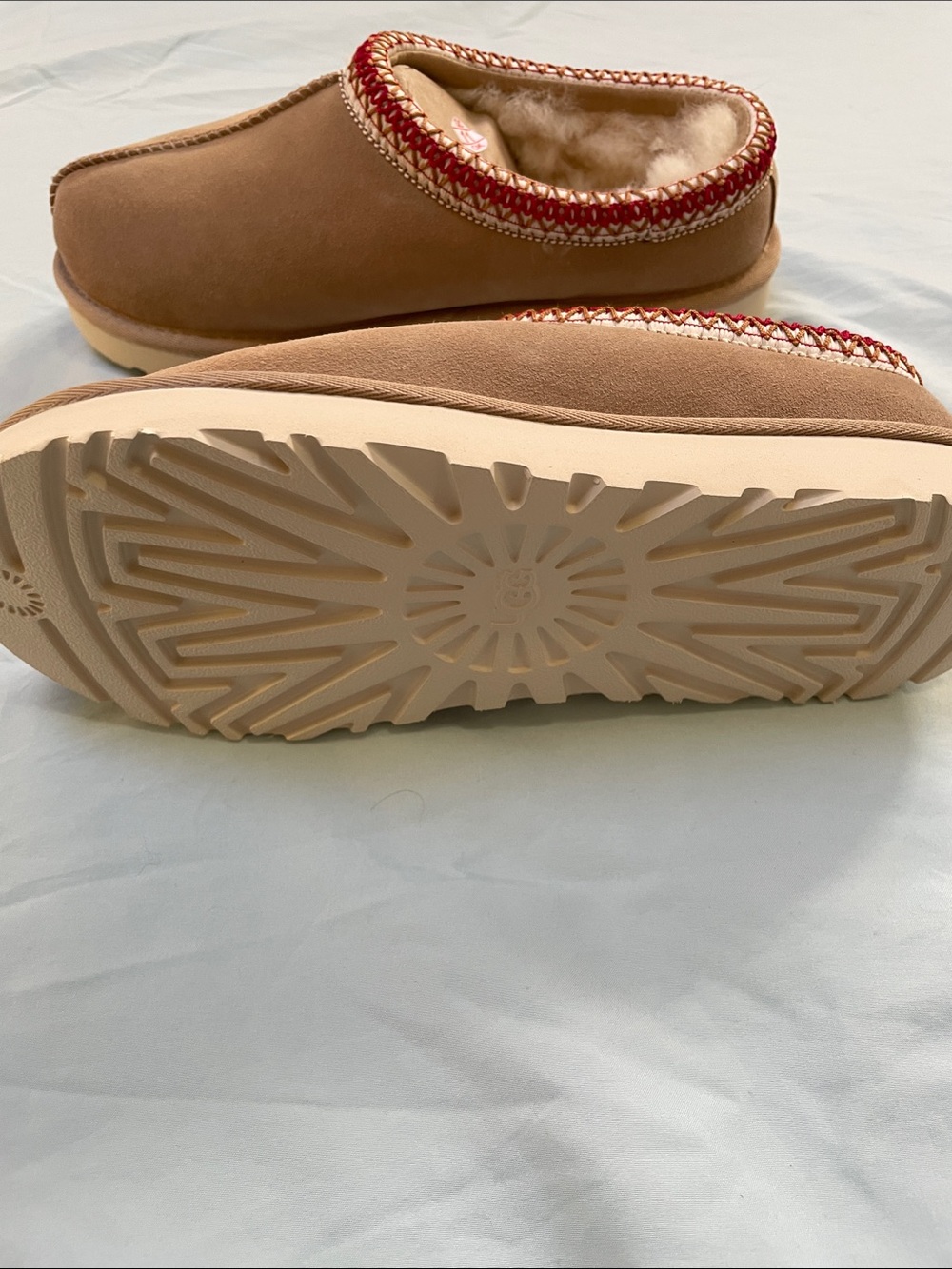 UGG Chestnut Suede Sheepskin Clog with Red Trim - Picture 3 of 8